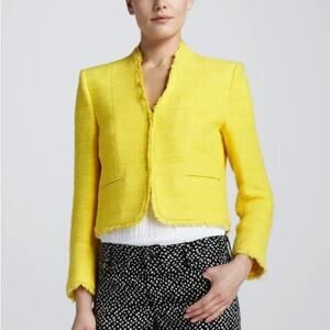 Alice + Olivia Womens Tweed Boxy Blazer Jacket Sz M Cropped Frayed Edges Bright
